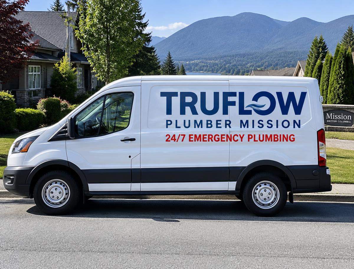 TruFlow Plumber Mission service van and technicians at a Mission home